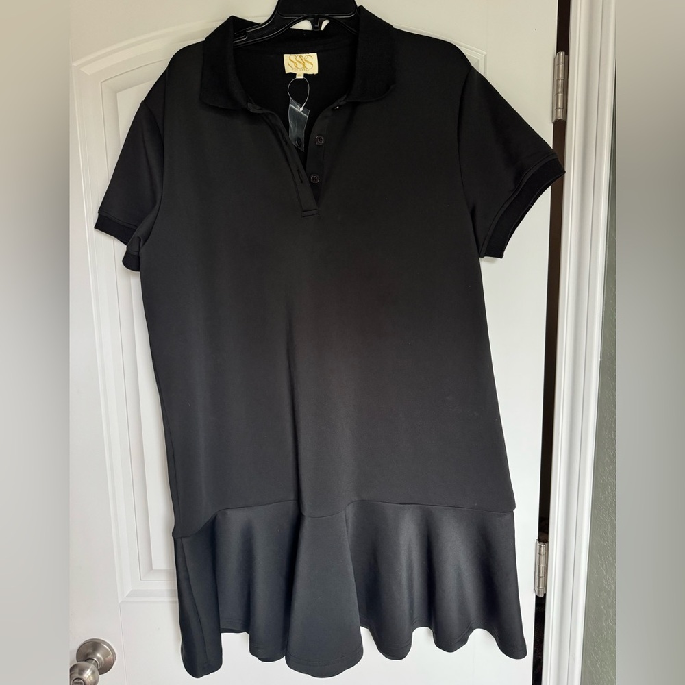 SSYS The Label Black Polo Dress XL Ruffle Hem Golf Tennis Athleisure NWOT